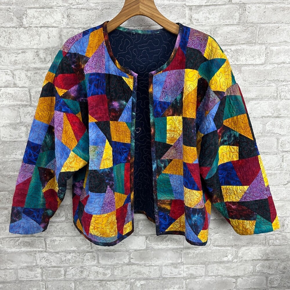 Crazy Quilt Handmade Cardigan Jacket/Coat Multi Color Oversize Size XL/2XL